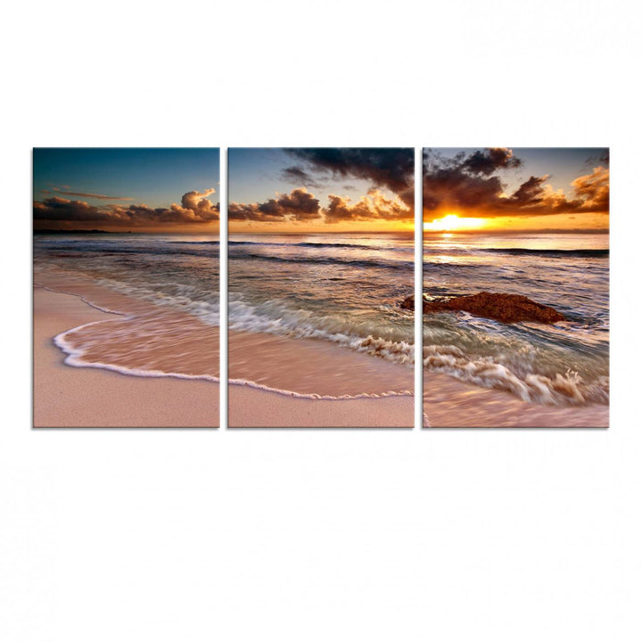 The Sunset on Ocean Wall Art Canvas Print beautifully captures a beach sunset, gentle waves, and a peaceful atmosphere.