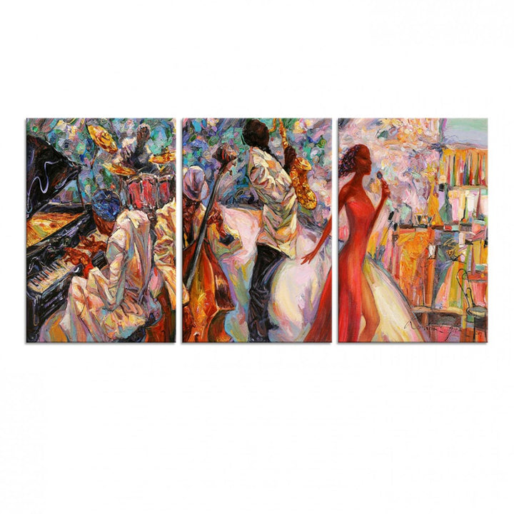 The Abstract Afro American Jazz Canvas captures a vibrant jazz band and showcases a woman dancing in red, making it perfect for dining or music spaces.