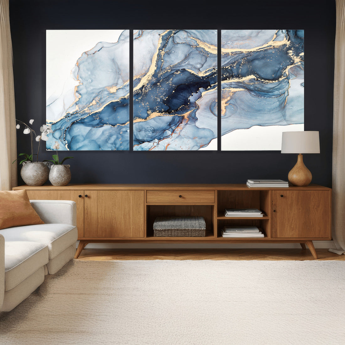 Blue Abstract Canvas Wall Art Print | Fluid Marble Effect Abstract Art