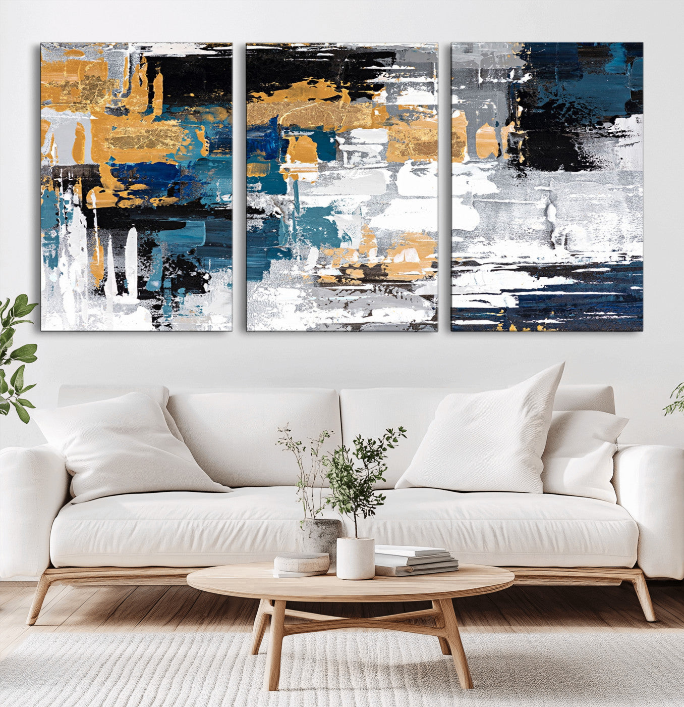 -Blue and Gold Abstract Canvas Wall Art – Triptych Modern Painting for Living Room – Framed and Ready