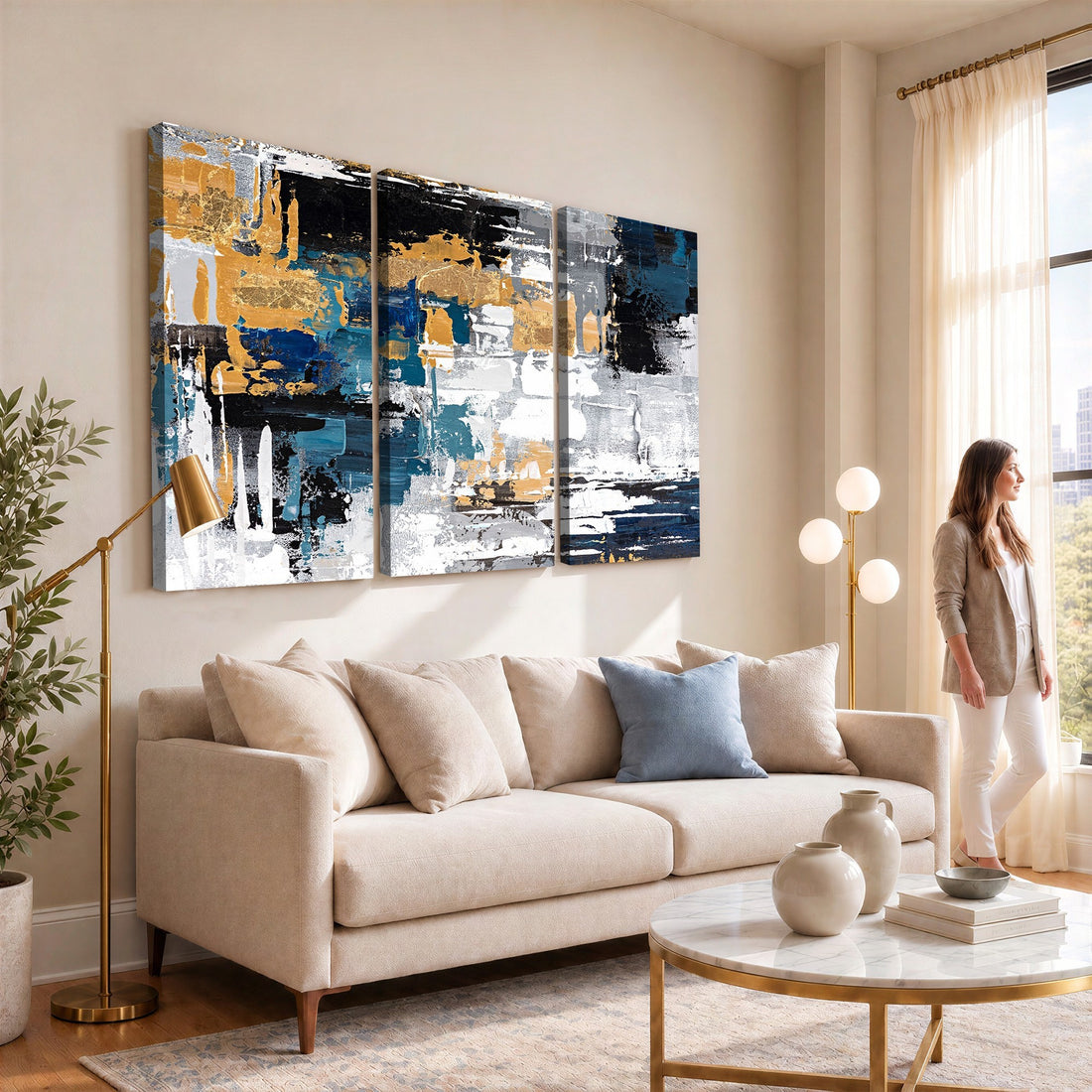 Blue and Gold Abstract Canvas Wall Art | Triptych Modern Art Print