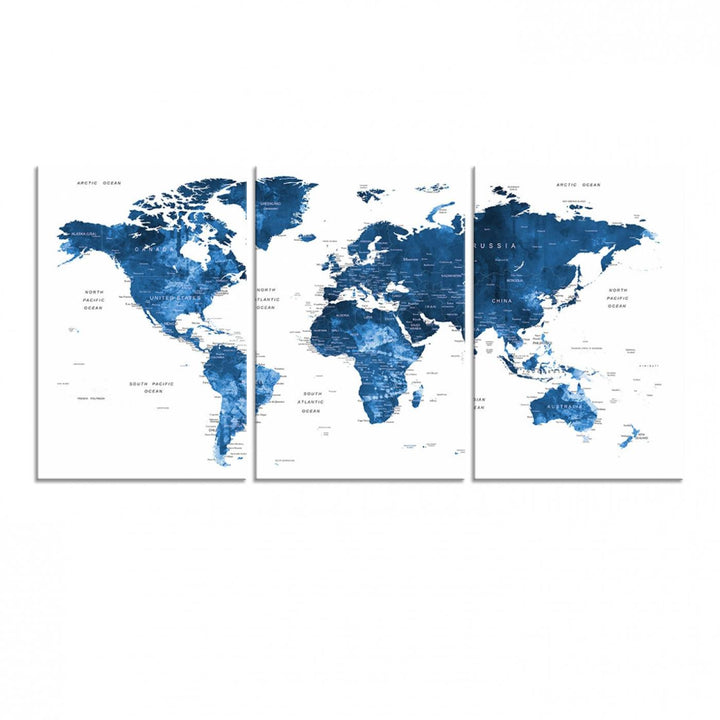 Navy Blue Wall Art World Map Canvas Print, an ideal piece for anyone seeking unique home or office decor.