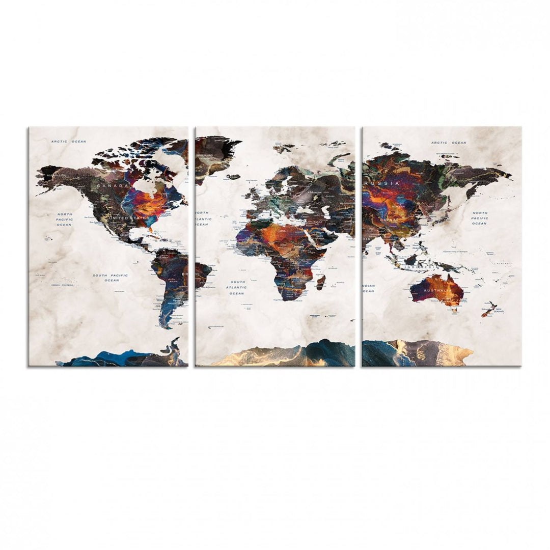 Watercolor World Map Canvas Print in earthy hues with a grunge background, ideal for wall decor.