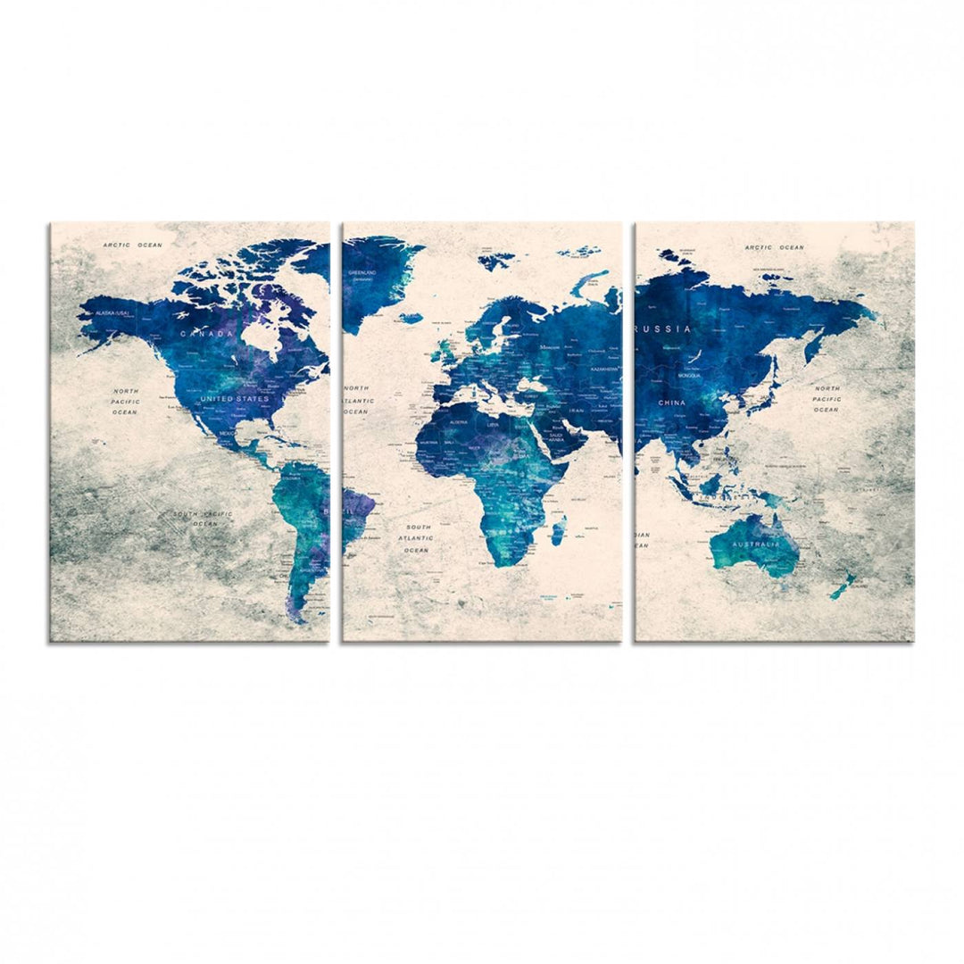 Navy Blue Push Pin World Map Canvas Print featuring a grunge-stained background, with labeled countries and oceans.