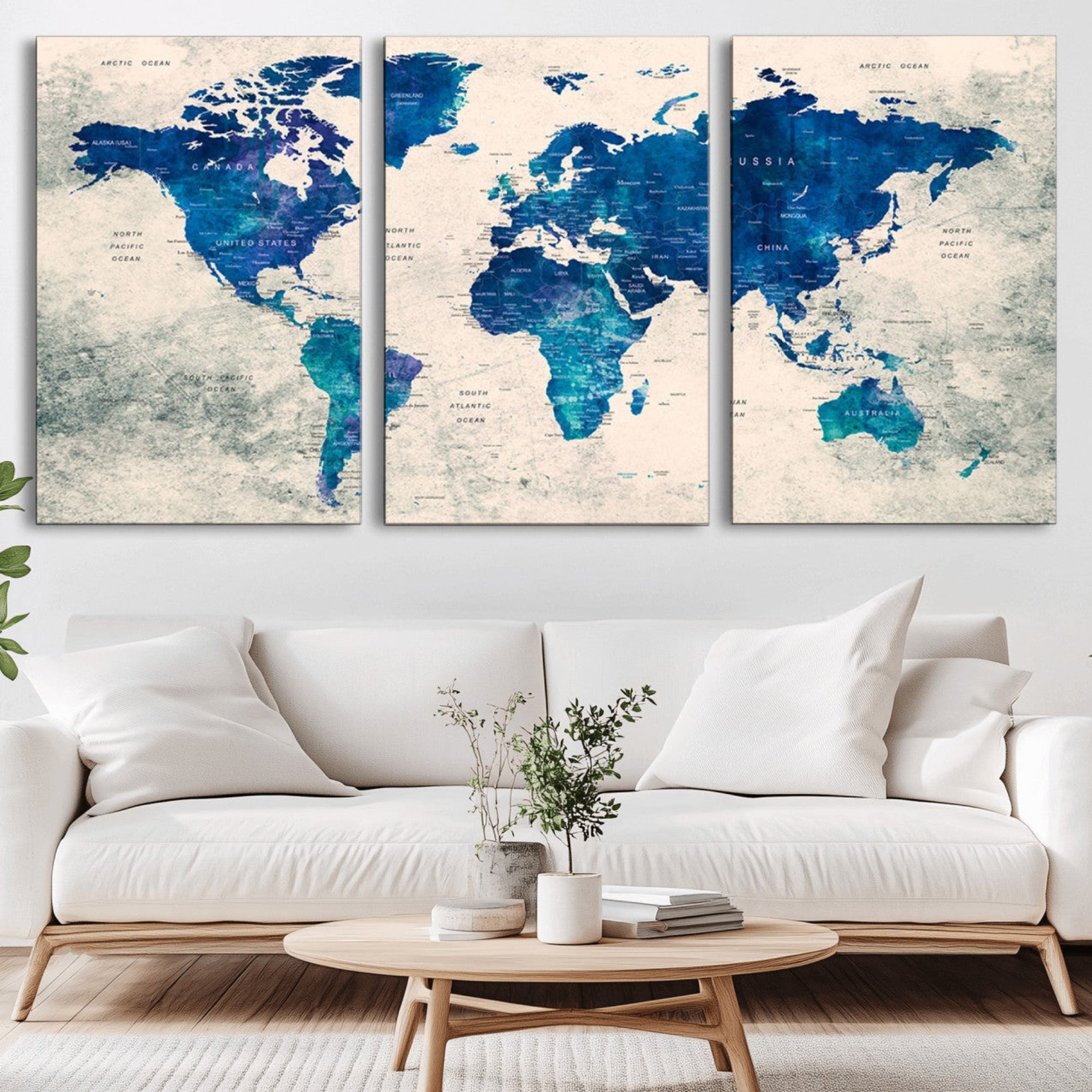 43947-MGV-CV-36X24-Blue Watercolor World Map Canvas Print – Framed Modern Wall Art, Elegant Push Pin Travel Map Decor for Home Office or Living Room