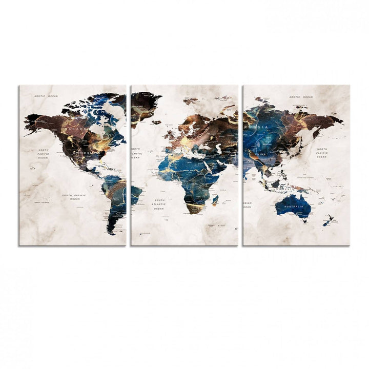 Abstract earth-toned 3-panel world map wall art featuring blues and browns, ready to hang; it showcases continents on modern canvas.