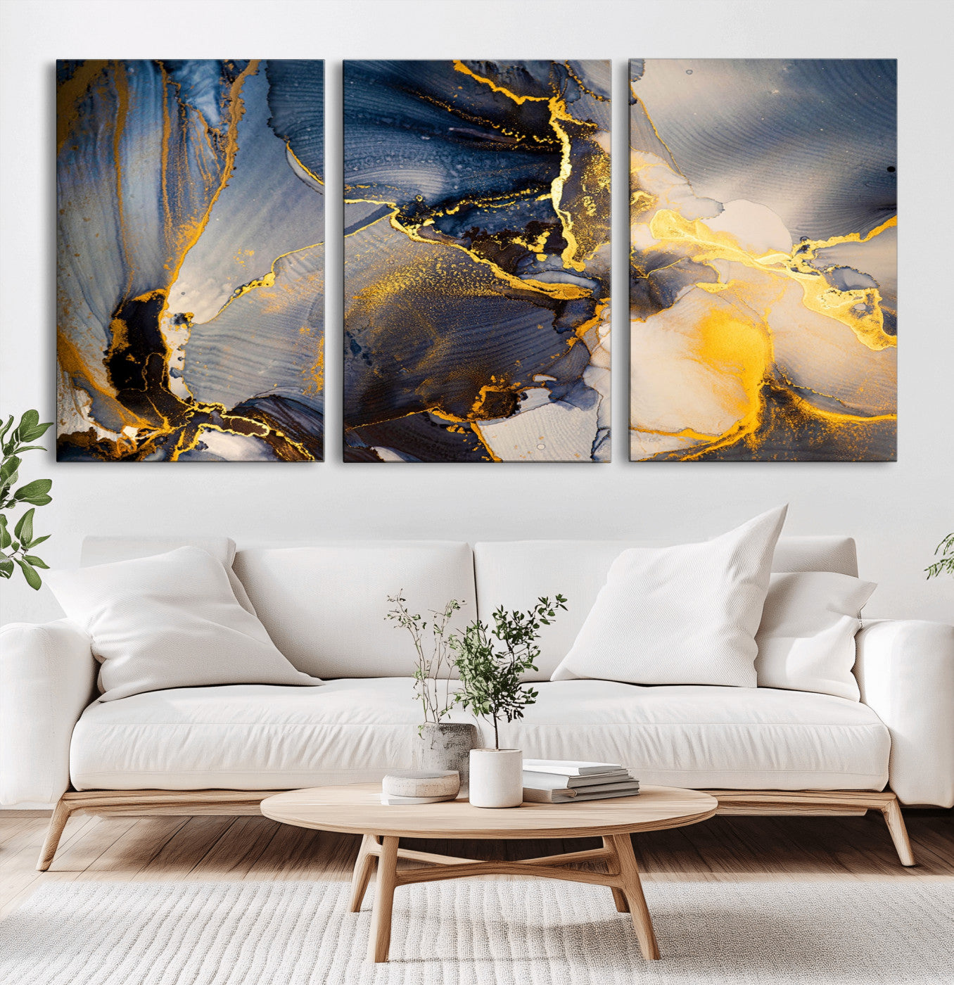 42100-MGV-CV-36X24-Large Abstract Wall Art Print - Gold and Blue Abstract Canvas Wall Art | Fluid Ink Modern Luxury