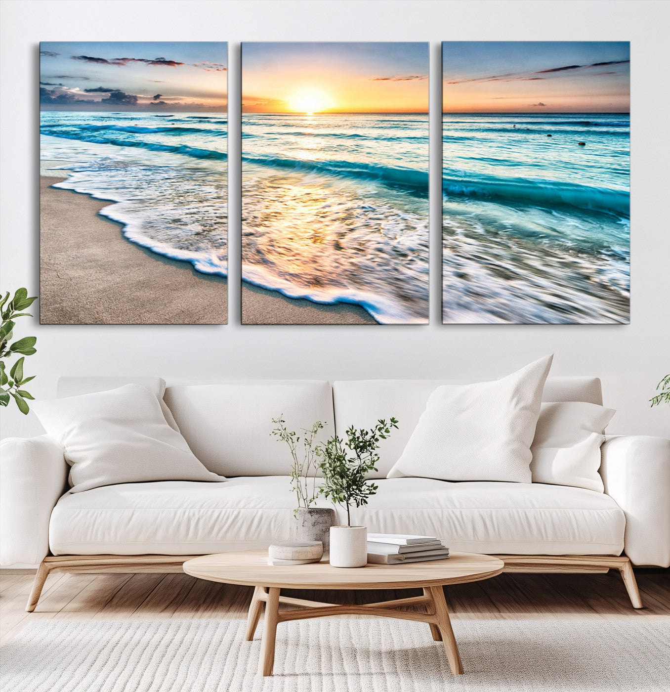 27815-MGV-CV-60X30-3P-Sunset Beach Waves Canvas Wall Art – 5-Panel Ocean Sunset Print – Coastal Decor for Living Room or Bedroom – Ready to Hang