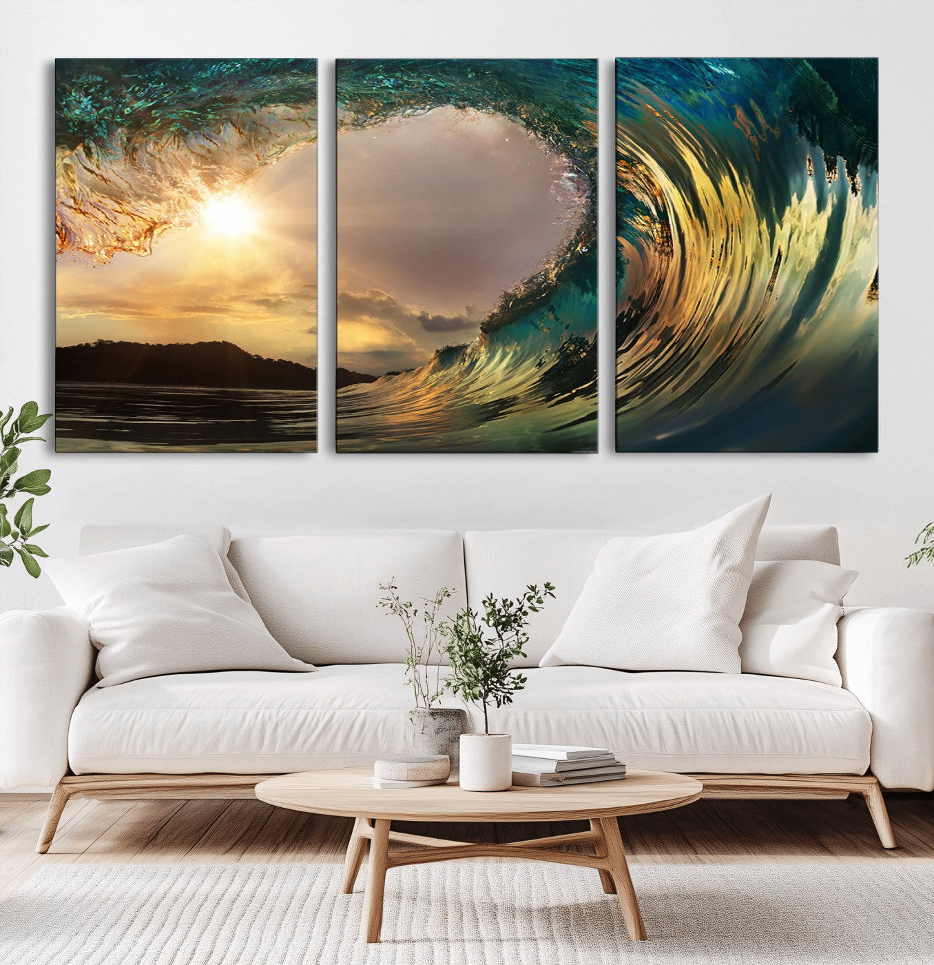 MGV-CV-60X30-3P - Golden Wave Sunset Giclee Canvas Print – Large Coastal Wall Art for Nature Lovers, Captivating Ocean Wave Decor