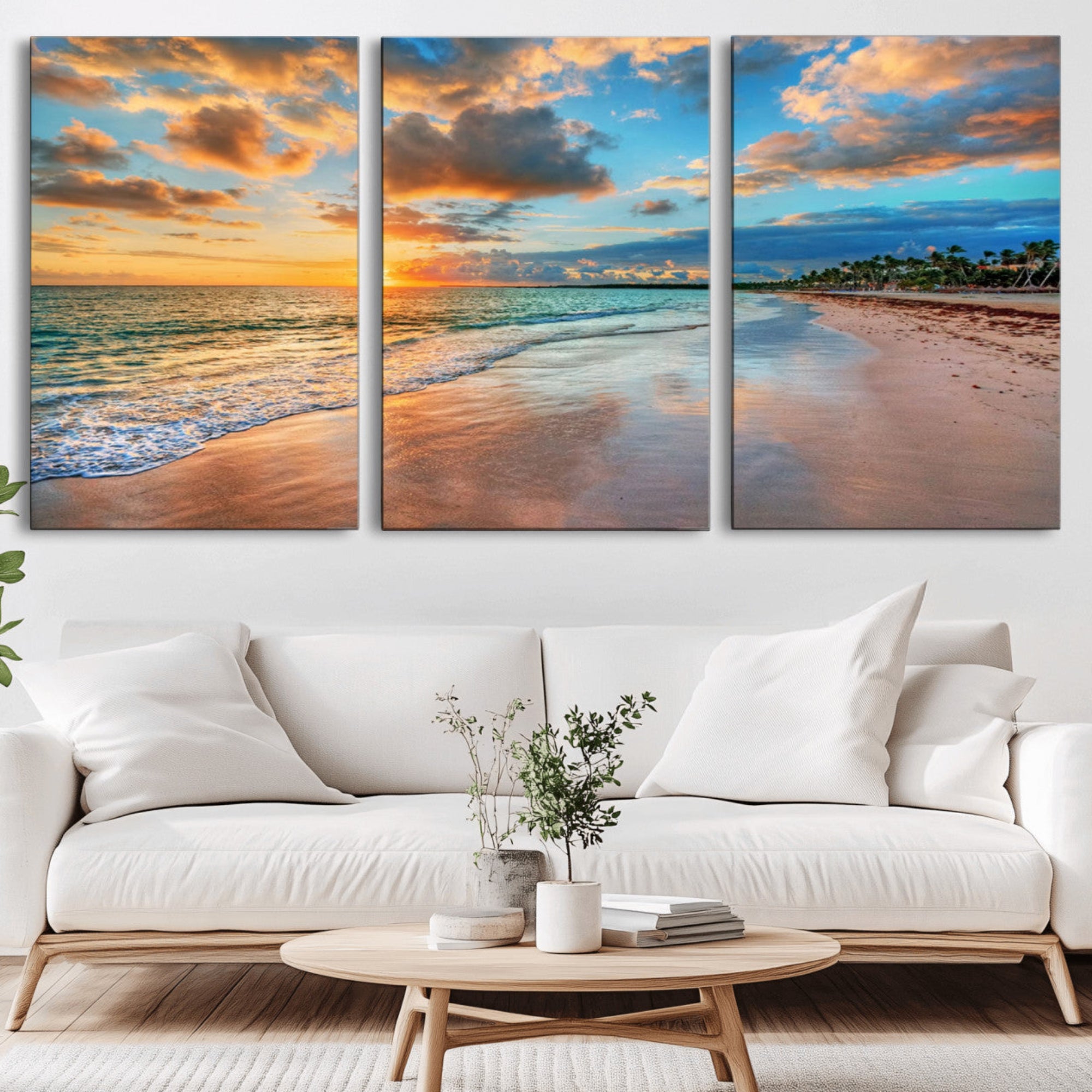 41572-MGV-CV-36X24-Sunset Ocean Waves on Tropical Beach, 3-Panel Giclee Canvas Art for Coastal Home Decor, Framed