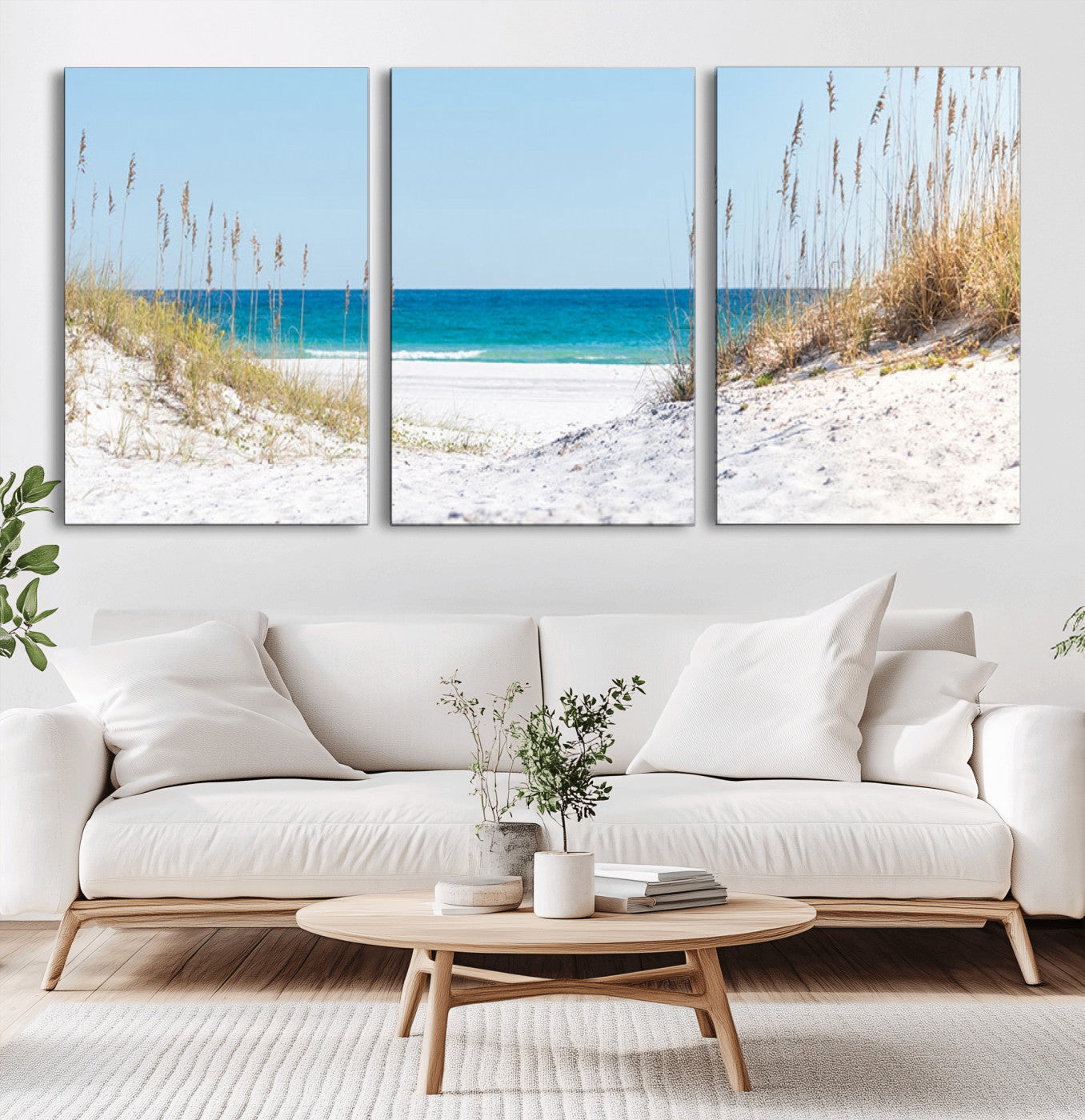 MGV-CV-60X30-3P - Serene Coastal Dune Path with Ocean View, 3-Panel Beach Canvas Wall Art, Tranquil Seascape Giclee Print, Gallery Wrap, Perfect for Coastal Home Decor