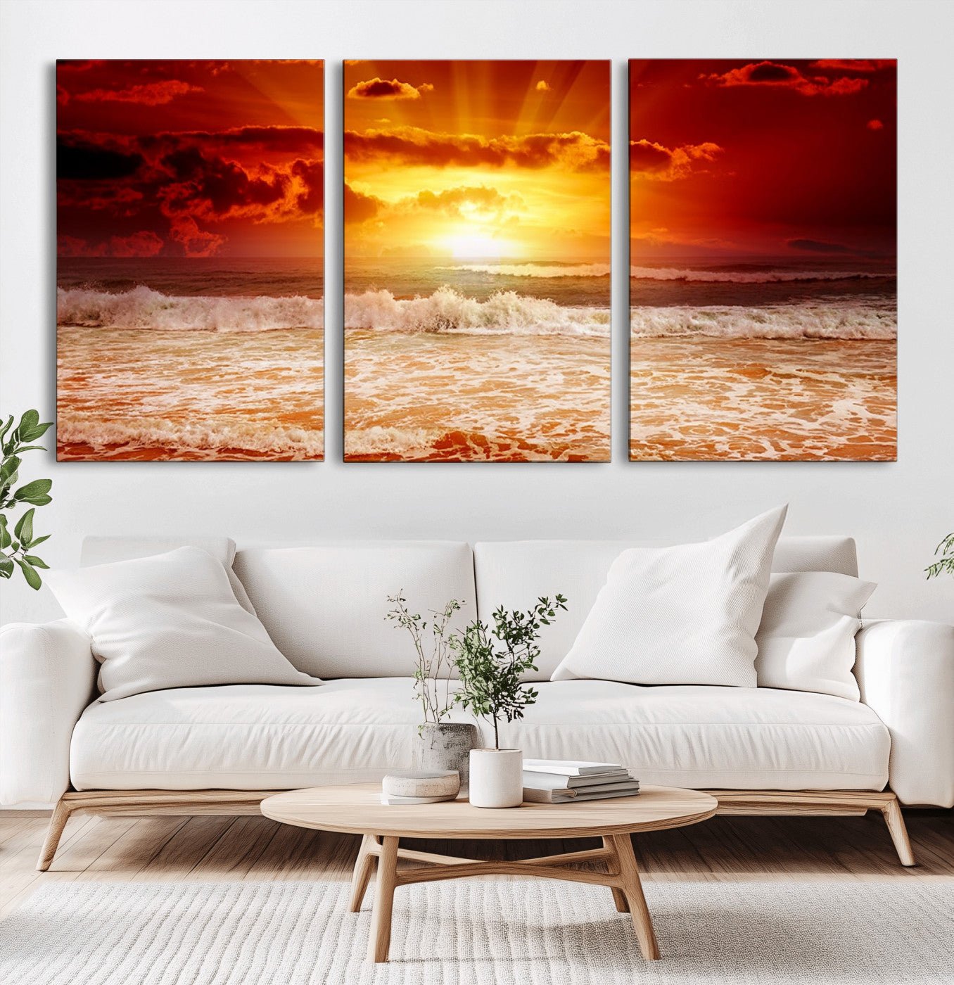 MGV-CV-60X30-3P - Red Sunset Ocean Beach Canvas Wall Art Beach Canvas, Coastal Sunset Print