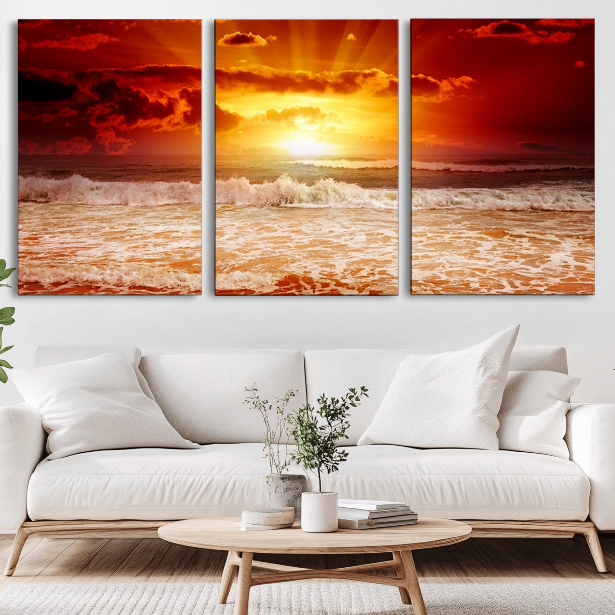 60211-MGV-CV-36X24-Red Sunset Ocean Beach Canvas Wall Art Beach Canvas, Coastal Sunset Print