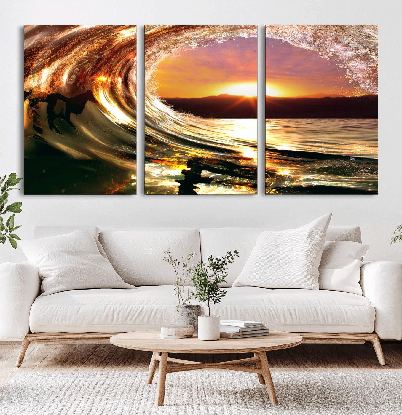 MGV-CV-60X30-3P - Golden Wave Sunset Triptych Canvas Art, Giclee Canvas Print of Ocean Wave and Sunset, Framed Ocean