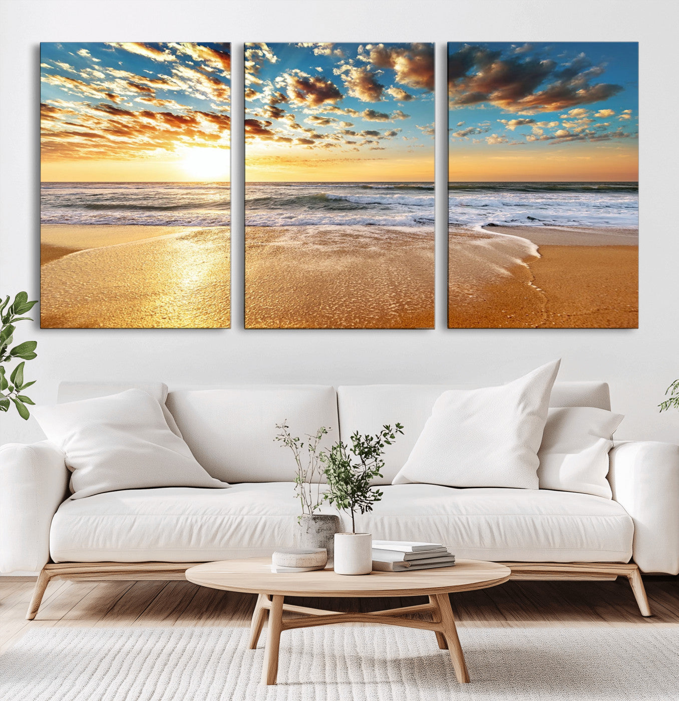 MGV-CV-60X30-3P - Golden Sunset Beach Print Canvas Wall Art, Giclee Canvas Print with Canon Print Quality, Triptych