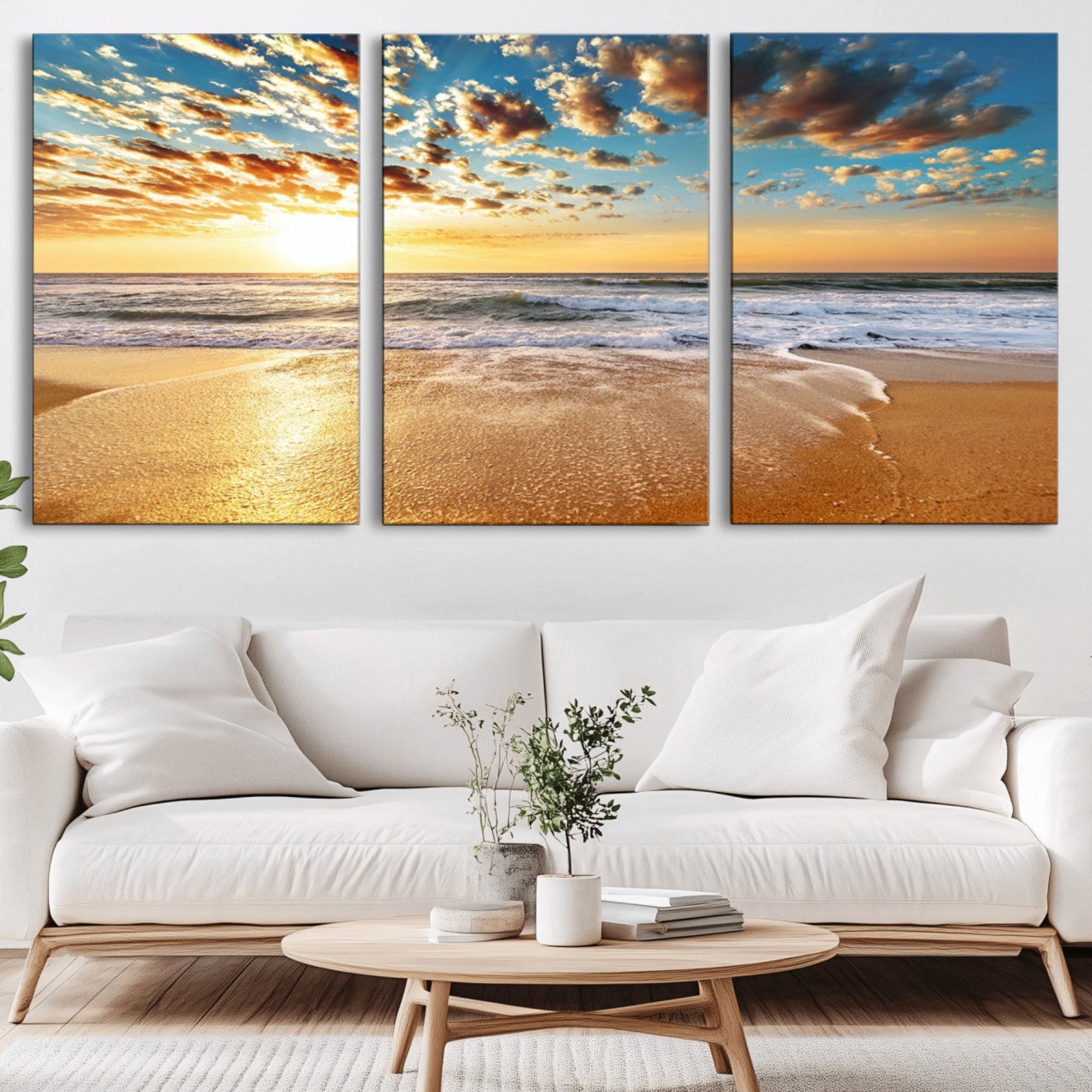30822-MGV-CV-36X24-Golden Sunset Beach Print Canvas Wall Art, Giclee Canvas Print with Canon Print Quality, Triptych