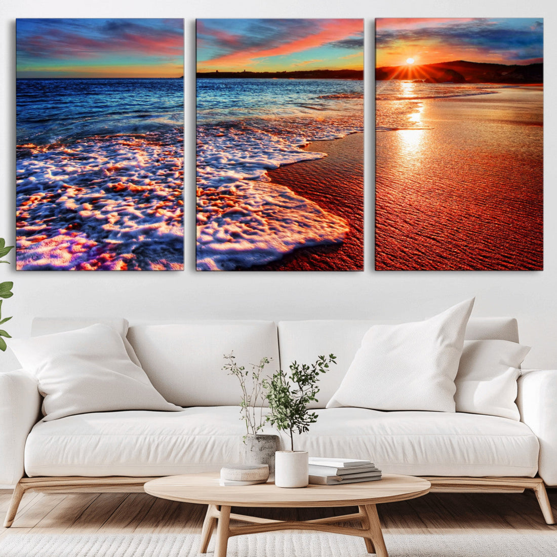 Colorful Coastal Sunset on the Beach Canvas Print, Ocean Waves Crashing at Dusk