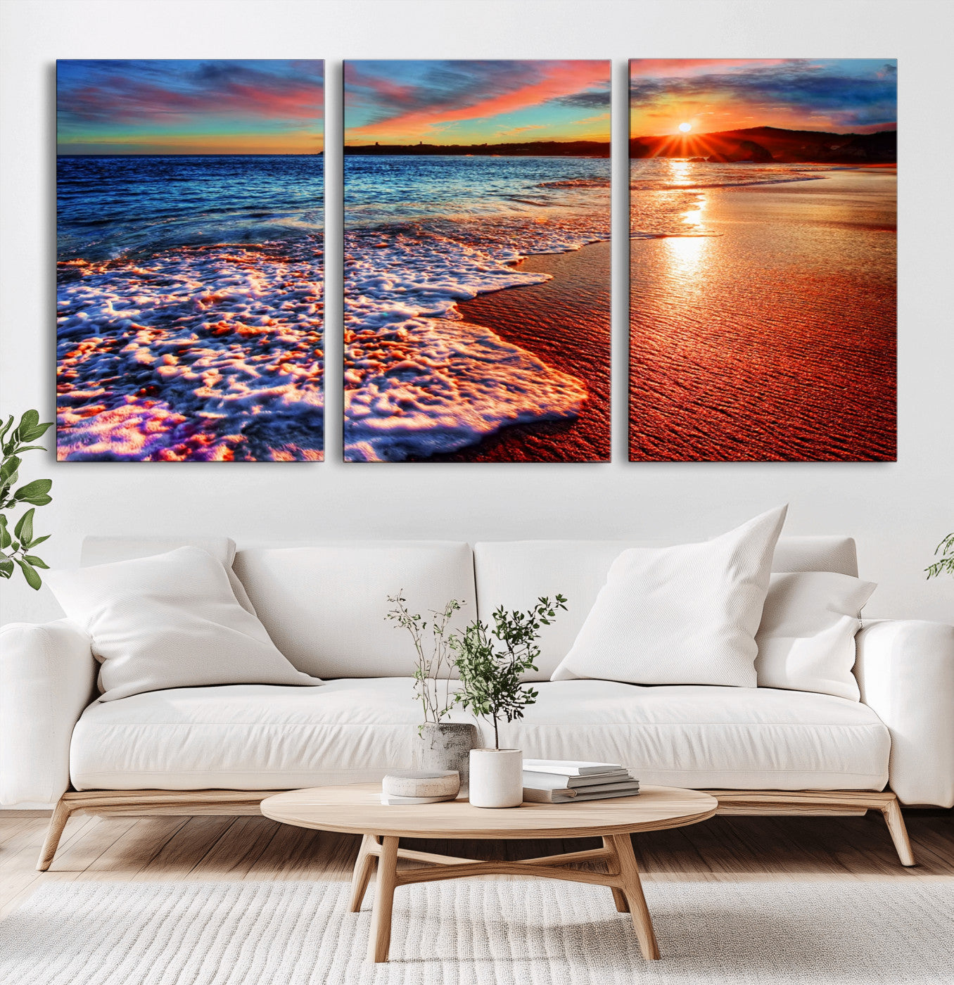 MGV-CV-60X30-3P - Colorful Coastal Sunset on the Beach Canvas Print, Ocean Waves Crashing at Dusk, Multi-Panel Seascape Vibrant Coastal Wall Art Canvas Print