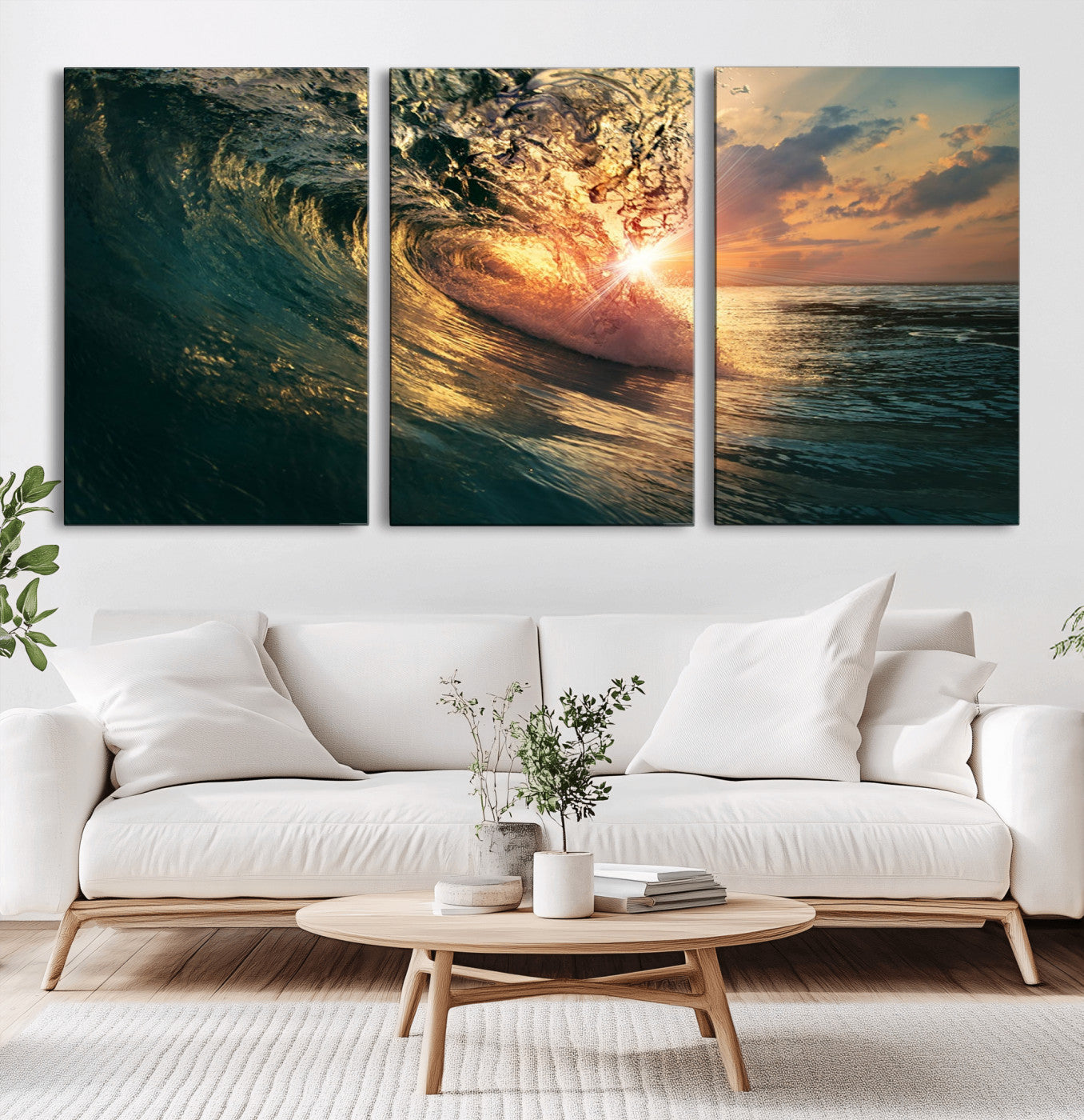 MGV-CV-60X30-3P - Ocean Wave Sunset Canvas Wall Art – Triptych Seascape Print – Framed and Ready to Hang for Living Room or Office
