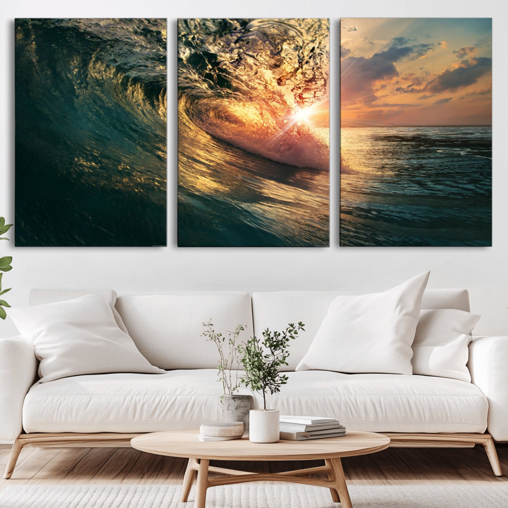55359-MGV-CV-36X24-Ocean Wave Sunset Canvas Wall Art – Triptych Seascape Print – Framed and Ready to Hang for Living