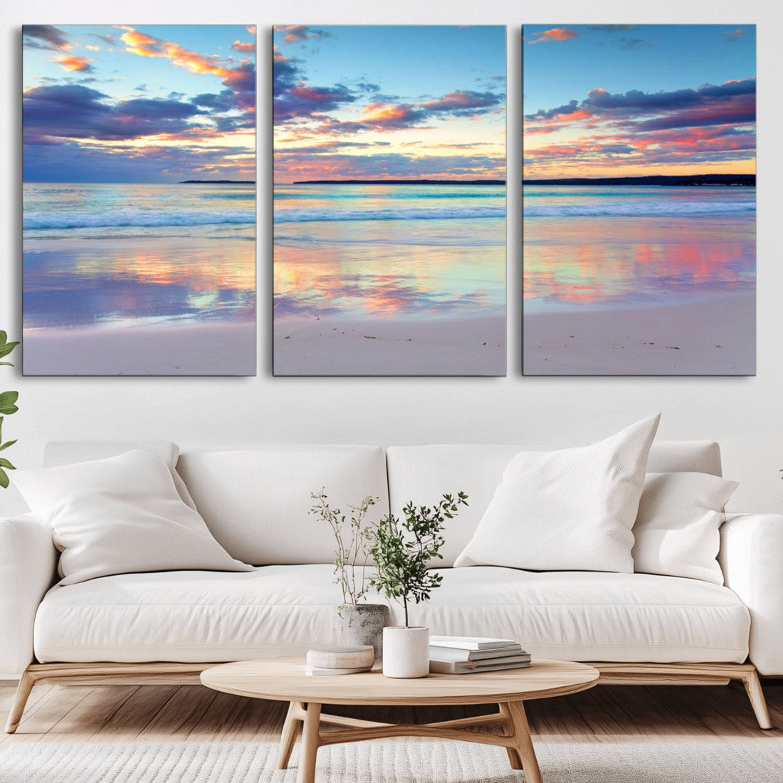 Tranquil Pastel Sunset Beach Triptych Canvas Art, Soothing Coastal Ocean Shoreline Print