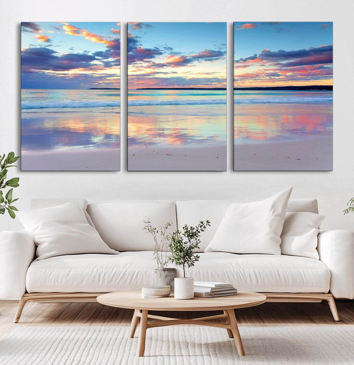 MGV-CV-60X30-3P - Tranquil Pastel Sunset Beach Triptych Canvas Art, Soothing Coastal Ocean Shoreline Giclee Print,