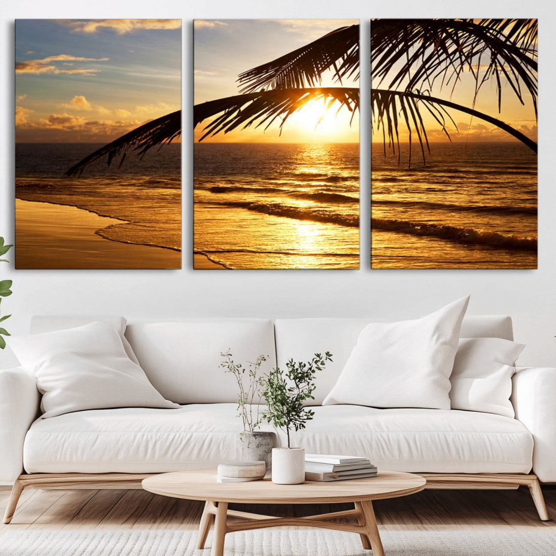 Golden Tropical Beach Sunset Canvas Triptych, Coastal Palm Tree Wall Art
