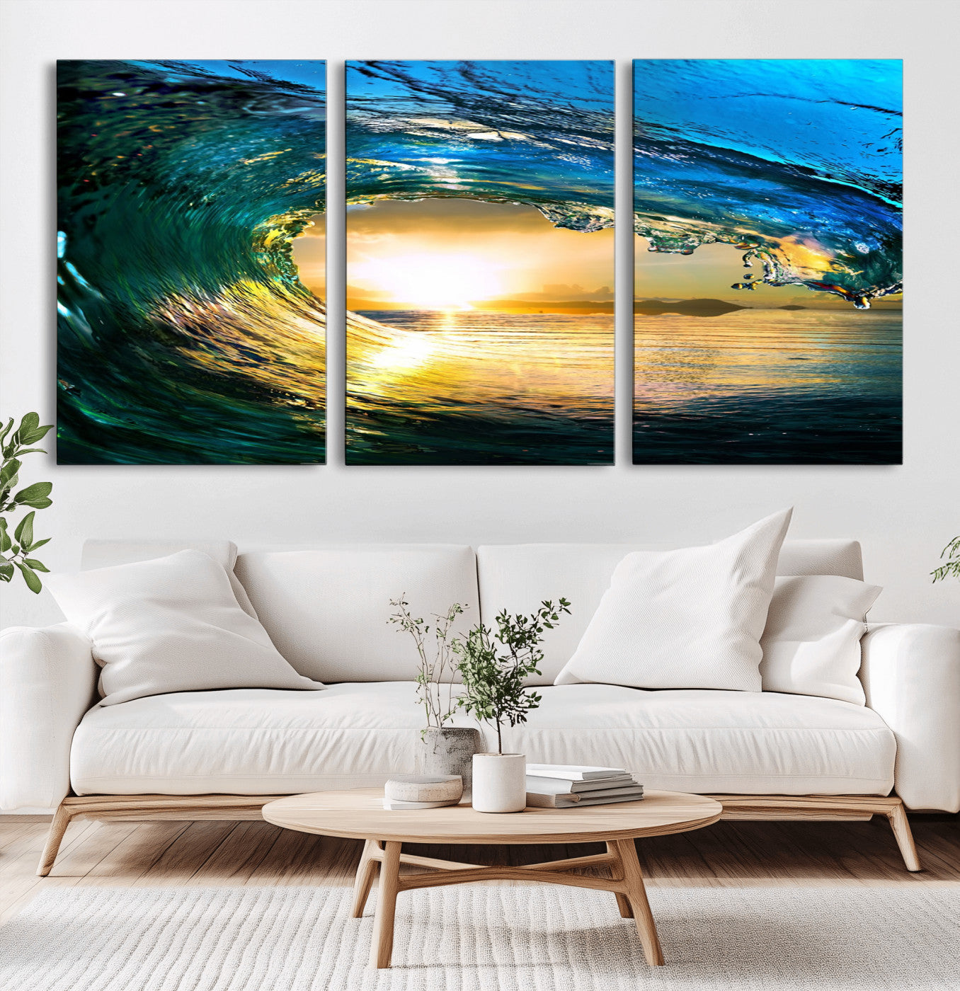 MGV-CV-60X30-3P - Ocean Wave at Sunset Canvas Art, Large Wall Print of Vibrant Water Waves, Coastal Art for Living Room and Dining Room