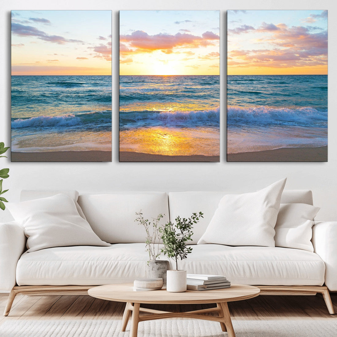 Ocean Sunset Triptych Coastal Wall Art, Giclee Beach Sunset Print with Gentle Waves