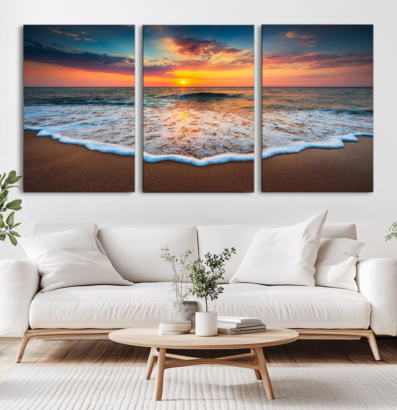 MGV-CV-60X30-3P - Sunset Beach Canvas Wall Art – Colorful Ocean Waves Triptych – Coastal Decor for Living Room or