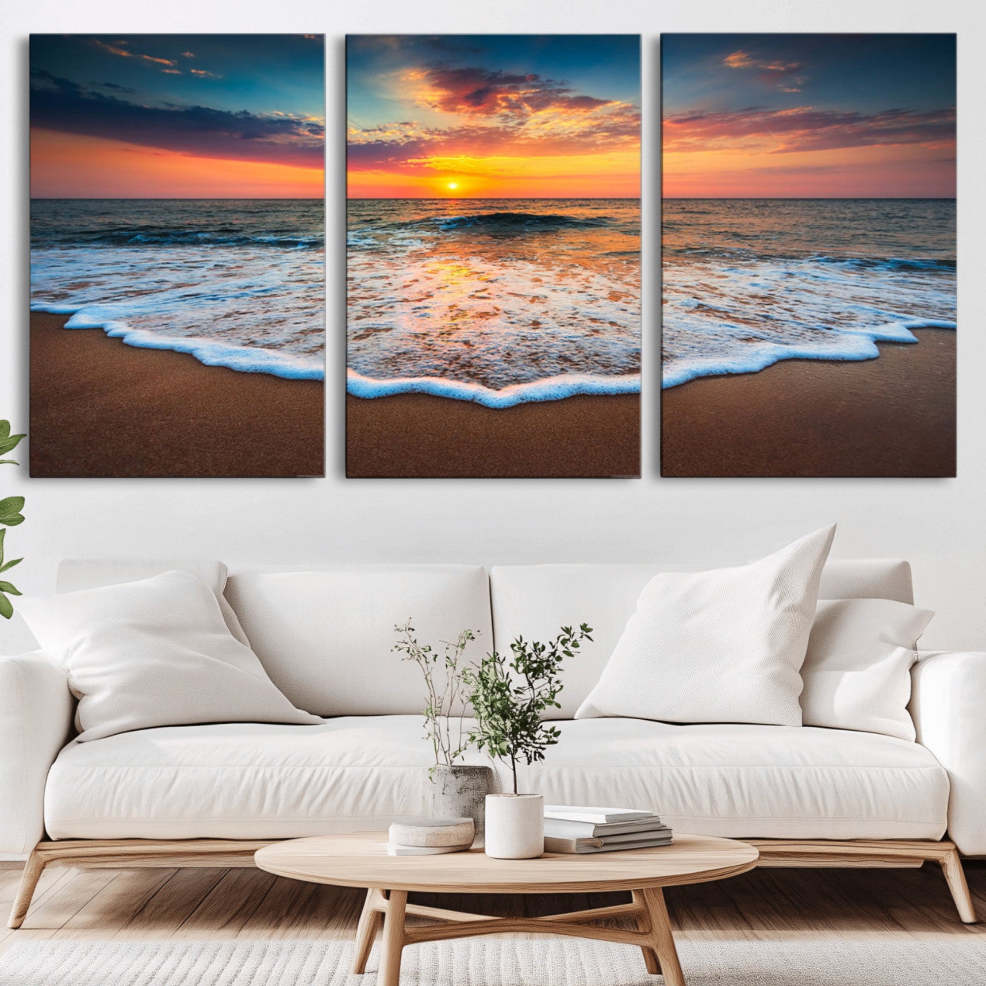 16110-MGV-CV-36X24-Sunset Beach Canvas Wall Art – Colorful Ocean Waves Triptych – Coastal Decor for Living Room or