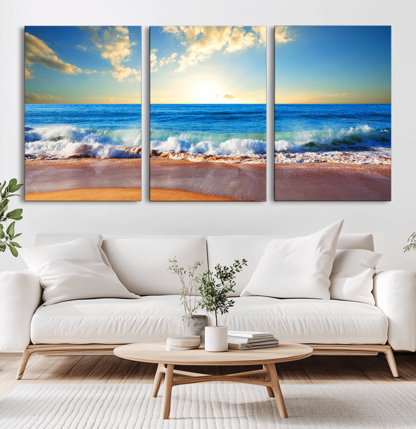 MGV-CV-60X30-3P - Tropical Beach Sunset Canvas Art, Ocean Waves and Sandy Shoreline Wall Art, Large Beach Decor for Coastal Homes