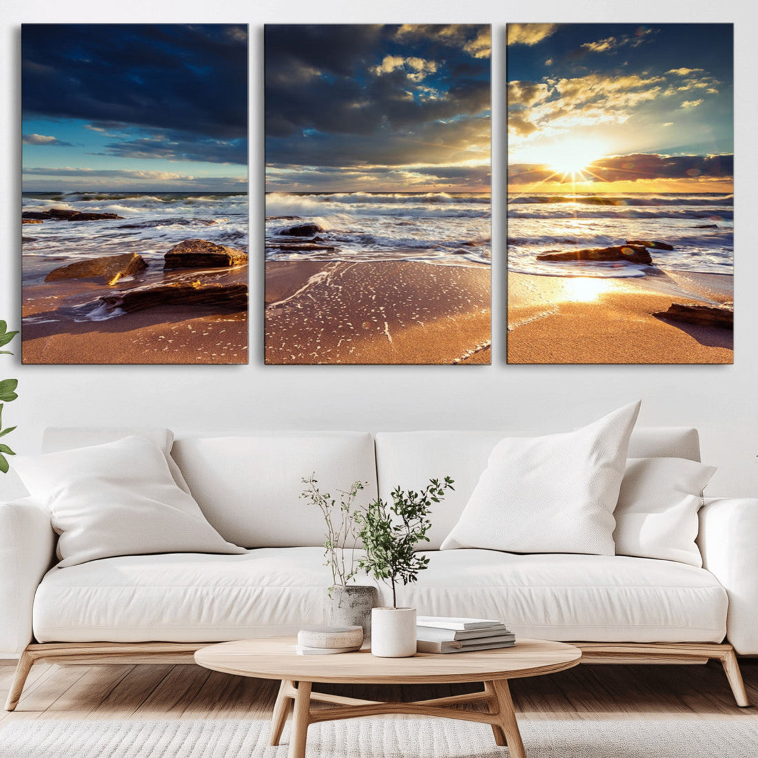 Golden Hour Beach Sunset Canvas Triptych, Ocean Waves and Rocks Wall Art