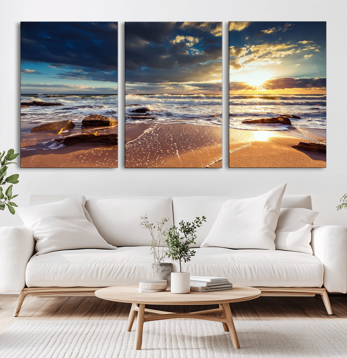 MGV-CV-60X30-3P - Golden Hour Beach Sunset Canvas Triptych, Ocean Waves and Rocks Wall Art for Coastal Home Decor