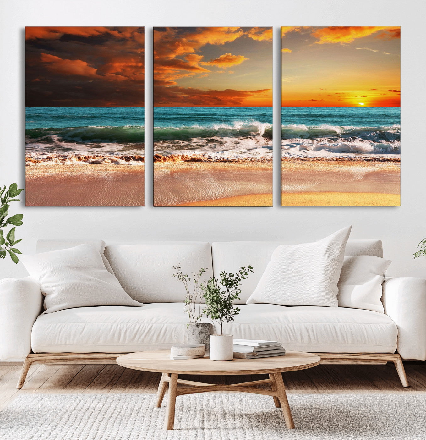 -Golden Sunset Beach Canvas Wall Art – Triptych Seascape Print – Framed and Ready to Hang for Living