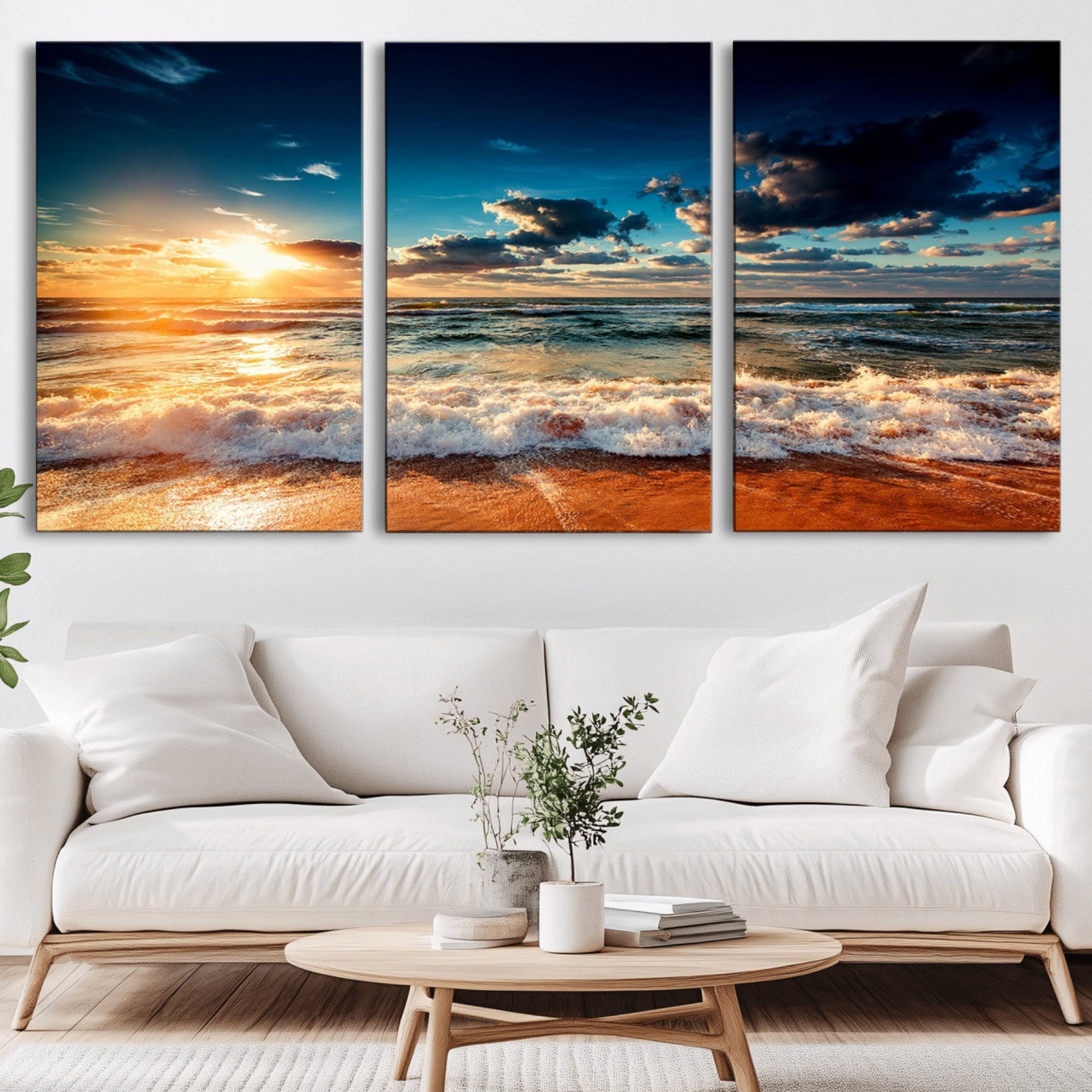 26996-MGV-CV-36X24-Golden Hour Sunset Over Ocean Waves Wall Art Canvas Print | 3 Panel Coastal Landscape Canvas Wall