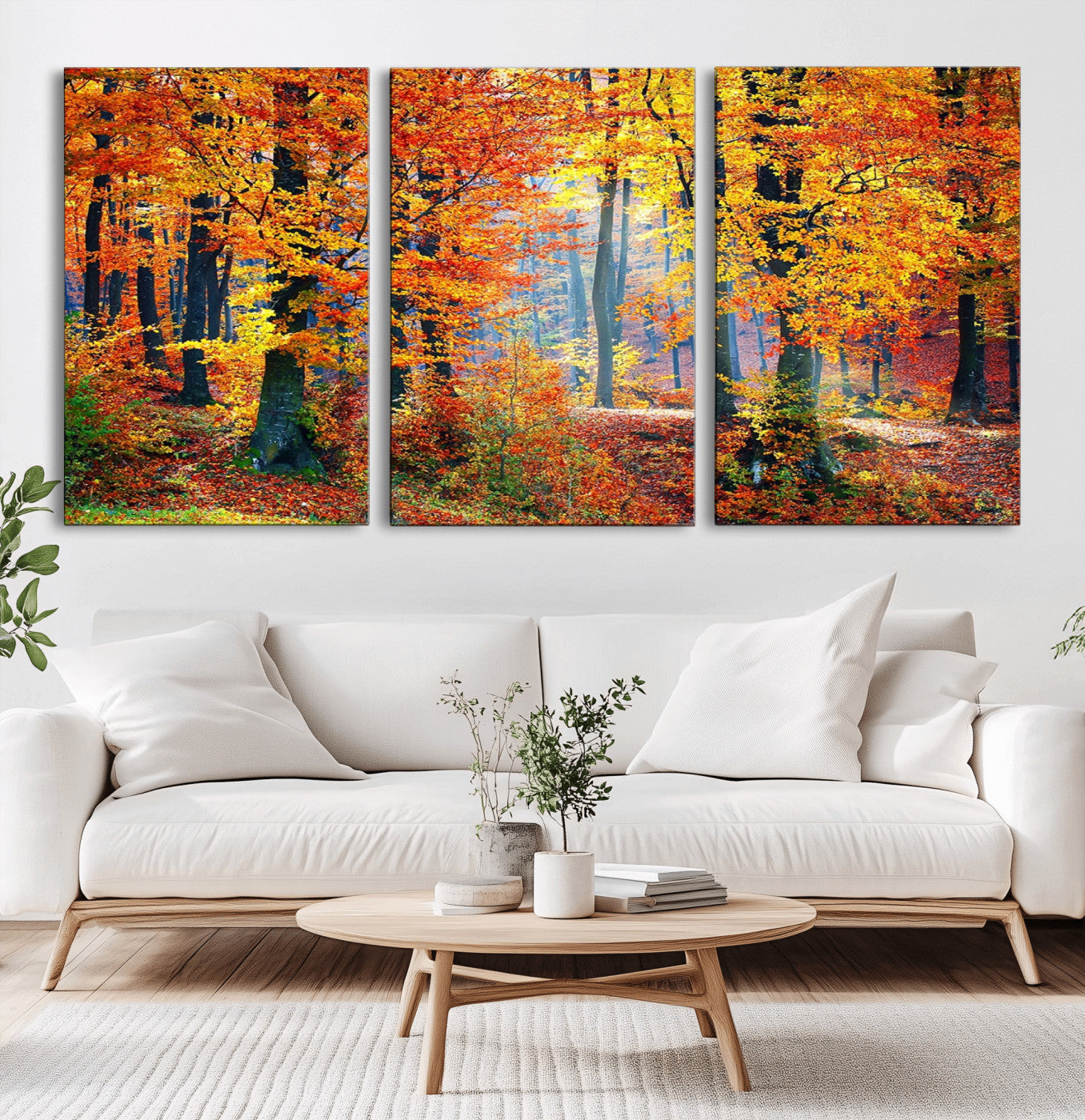 MGV-CV-60X30-3P - Autumn Red Forest Triptych Canvas Wall Art Print, Forest Wall Decor, Fall Landscape Art | Season