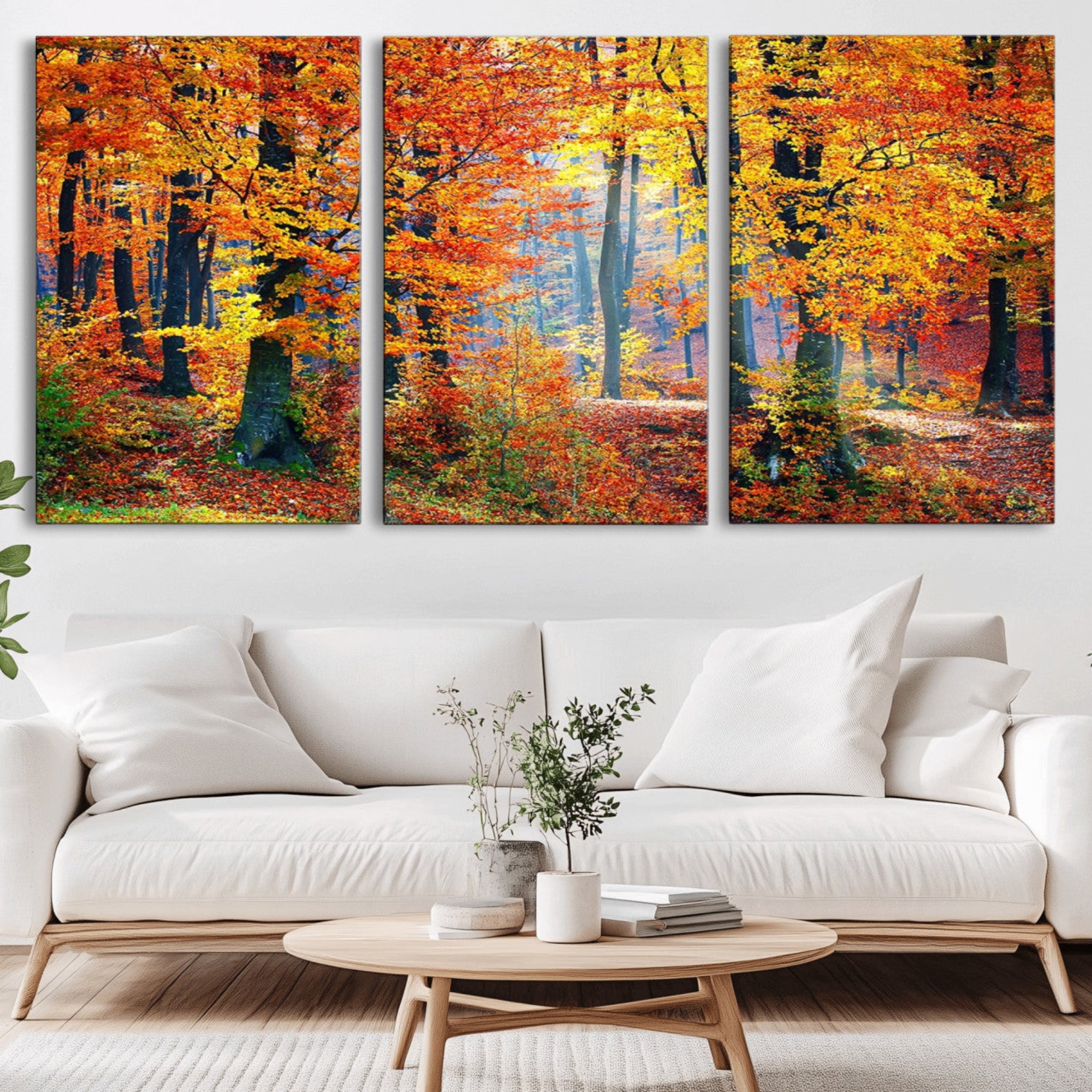 91746-MGV-CV-36X24-Autumn Red Forest Triptych Canvas Wall Art Print, Forest Wall Decor, Fall Landscape Art | Season