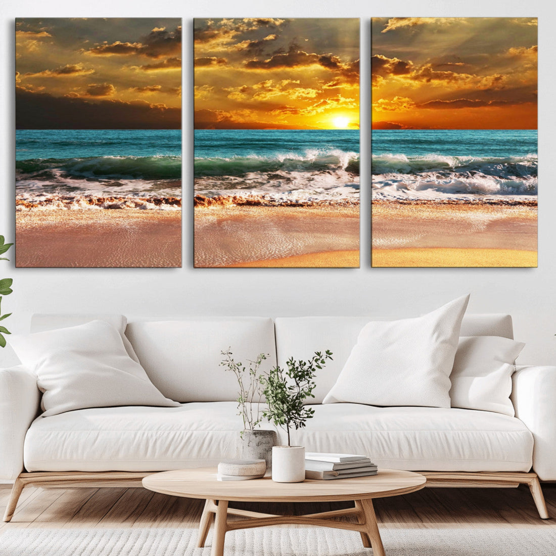 Golden Sunset Beach Canvas Wall Art | Triptych Seascape Print, Framed and Ready to Hang