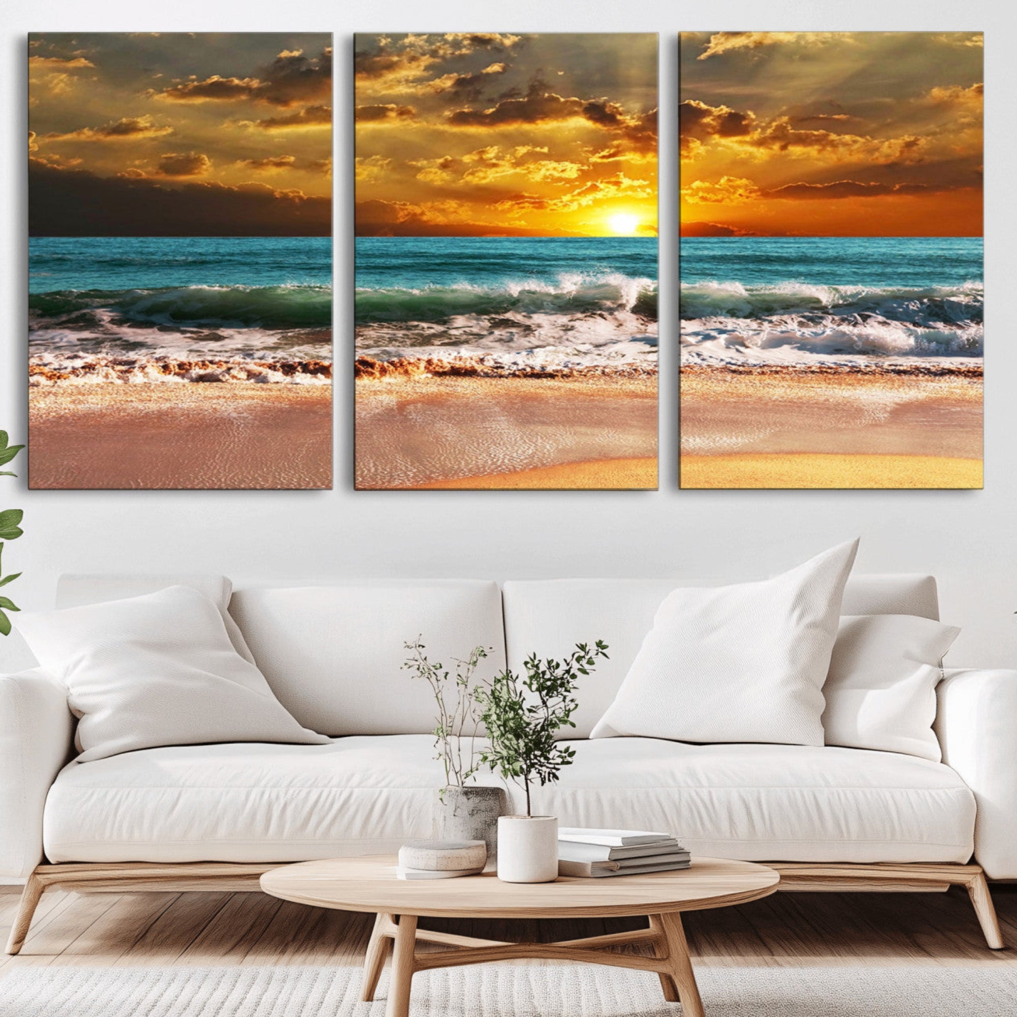 16495-MGV-CV-36X24-Golden Sunset Beach Canvas Wall Art – Triptych Seascape Print – Framed and Ready to Hang for Living