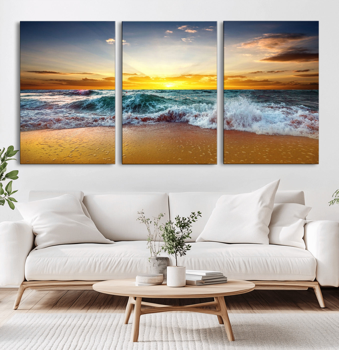 MGV-CV-60X30-3P - Golden Sunset Ocean Waves Wall Art Canvas Print – Multi Panel Beach Canvas Print Set – Large Coastal Triptych Print for Home or Farmhouse Decor