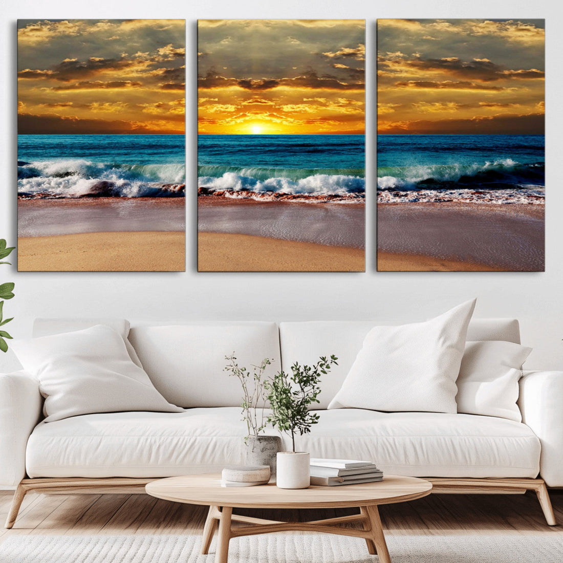 Ocean Sunrise Over Golden Beach Waves, Giclee Canvas Wall Art Set