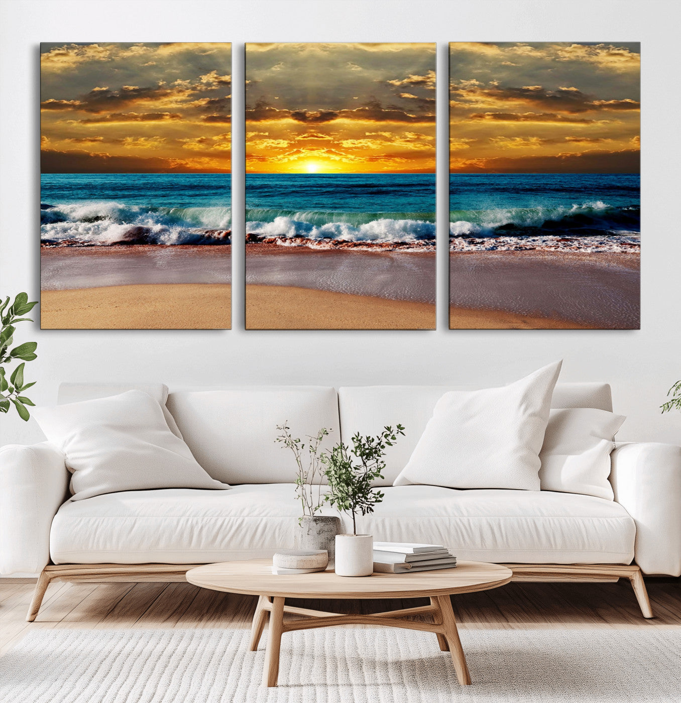 MGV-CV-60X30-3P - Ocean Sunrise Over Golden Beach Waves, Giclee Canvas Wall Art Set, High-Quality Stretched Canvas Print, Ready to Hang Coastal Sunset Wall Decor