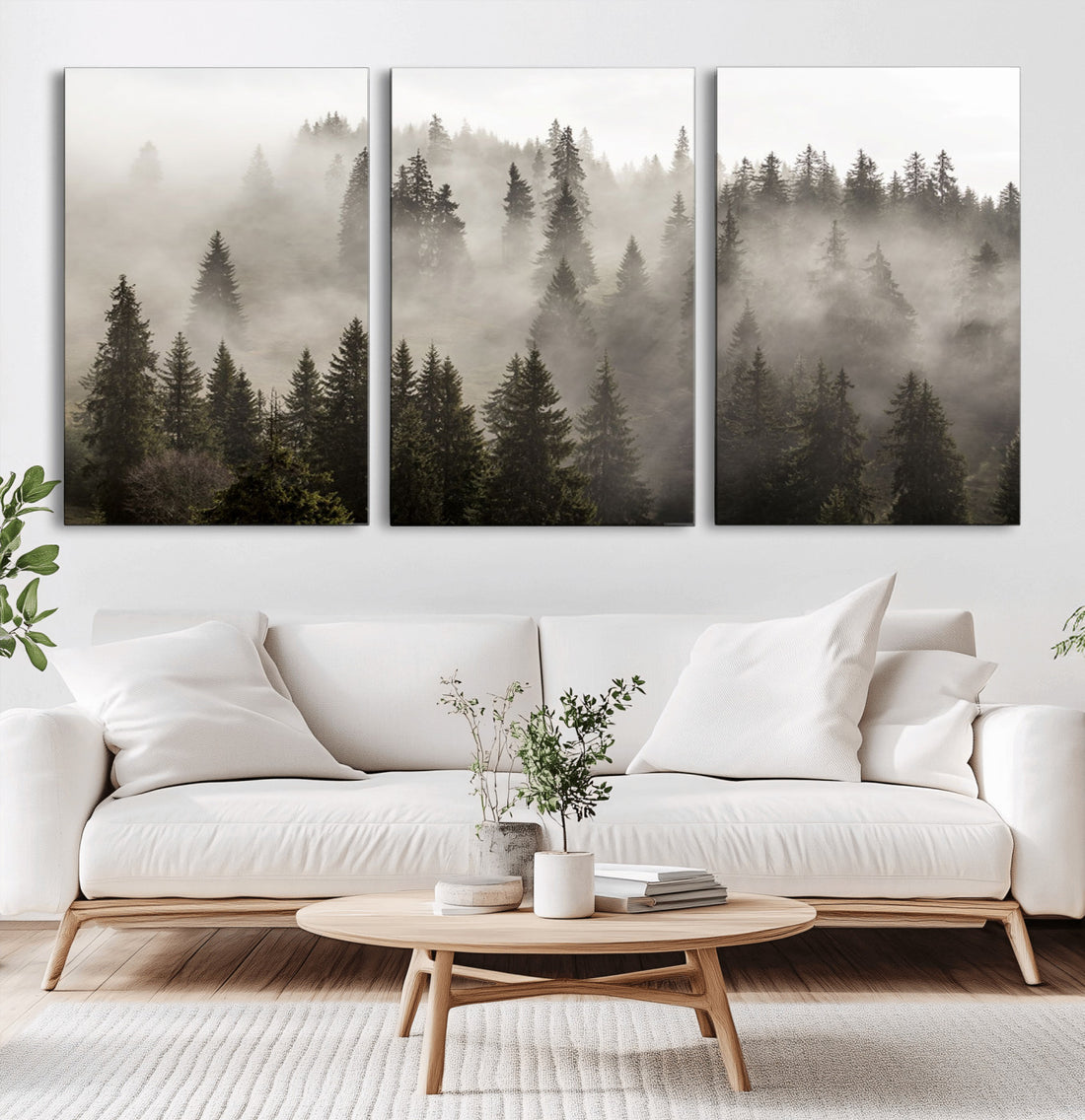 Foggy Mountain Wall Art | 3-Panel Foggy Forest and Mountain Landscape Canvas Print