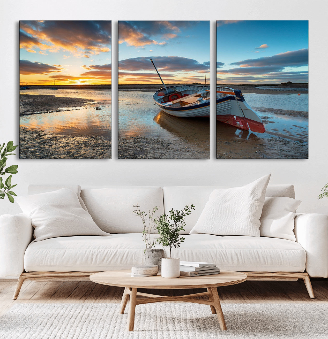 MGV-CV-60X30-3P - Small Boat At The Beach Sunset Wall Art, Boat Sunset Wall Art Canvas Print