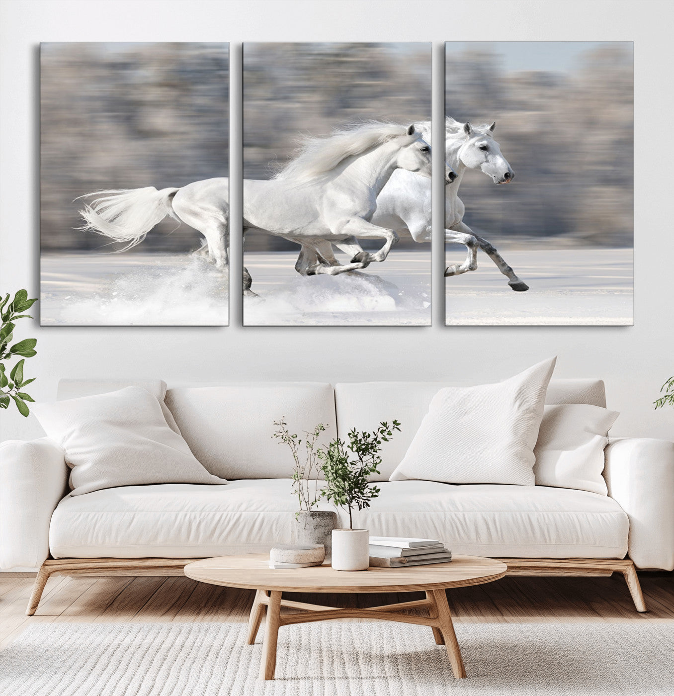 MGV-CV-60X30-3P - The White Horses Wall Art, Framed White Horses Wall Art Canvas Print