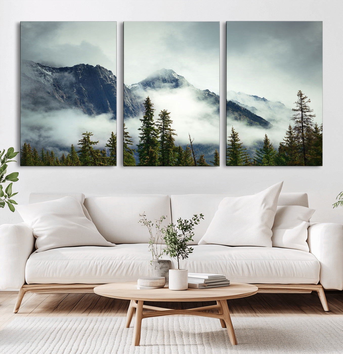 MGV-CV-60X30-3P - Mountain Mist Canvas Wall Art | 3-Panel Foggy Forest and Mountain Landscape | Large Giclee Print for Living Room, Office, or Cabin, Farmhouse Decor