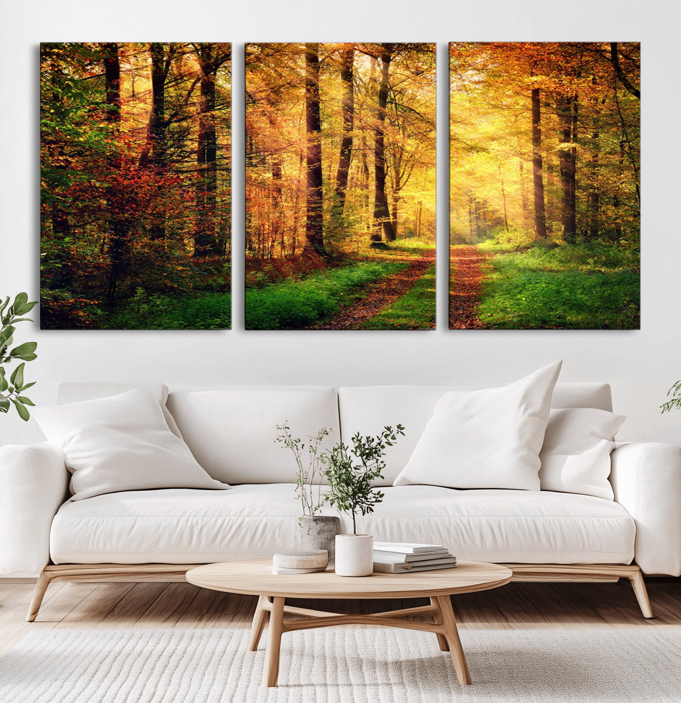 MGV-CV-60X30-3P - Sunlight Through Trees Wall Art Canvas Print - Autumn Forest Wall Art Canvas Print