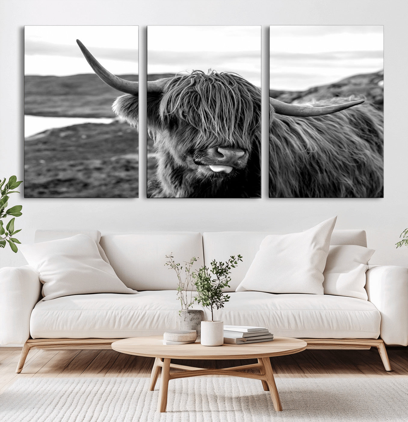 MGV-CV-60X30-3P - Longhorn Steer Canvas Print Wall Art, Highland Cow Canvas Wall Art – Black and White Animal Portrait