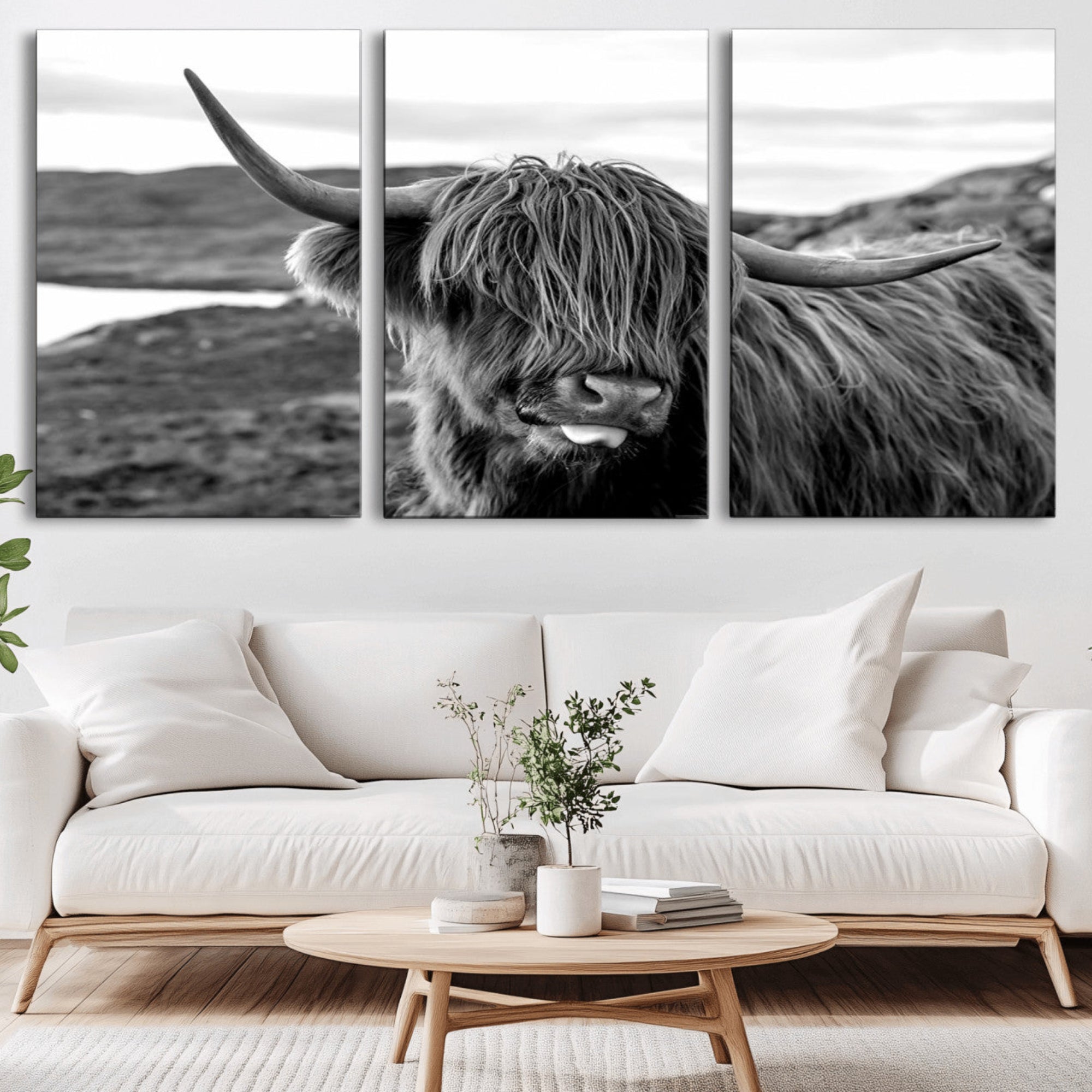 83810-MGV-CV-36X24-Longhorn Steer Canvas Print Wall Art, Highland Cow Canvas Wall Art – Black and White Animal Portrait
